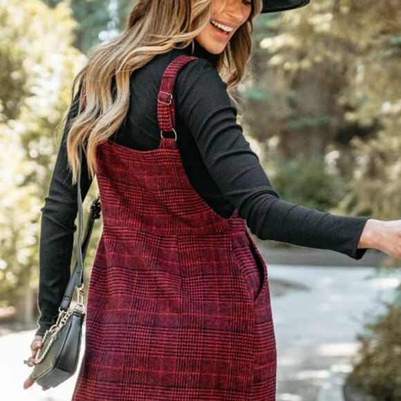 CUPSHE -- Burgundy Plaid O-Ring Pinafore Dress - Picture 2 of 8